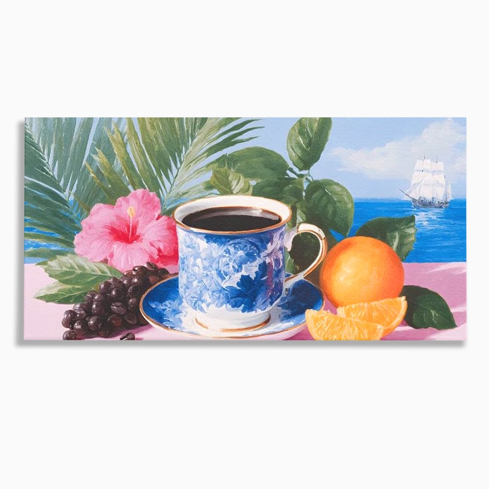 Tablou canvas cu natura moarta cu ceasca de cafea si portocale, fara rama, pe sasiu de lemn